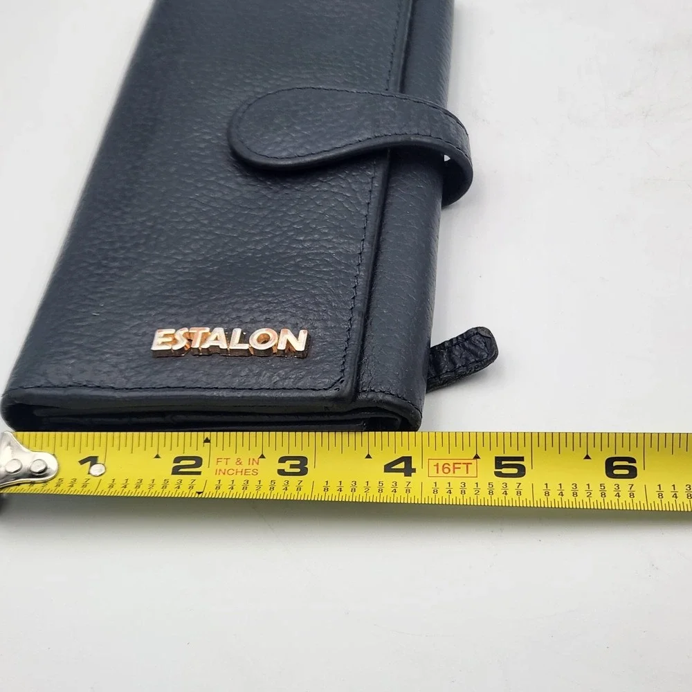 Estalon Pebbled‎ Leather RFID Long Wallet Trifold Snap Closure - Navy Blue